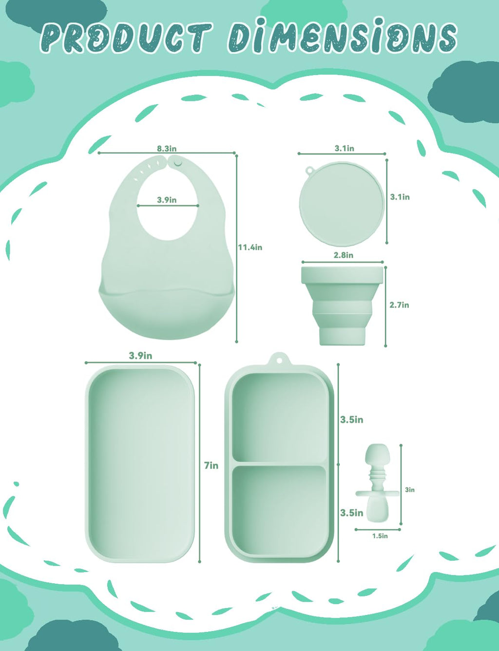Travel Silicone Baby Feeding Set Portable Toddler Feeding Supplies Toddler Plates and Bowls Set Baby plates with Suction With spoon and cup, bib and waterproof storage bag