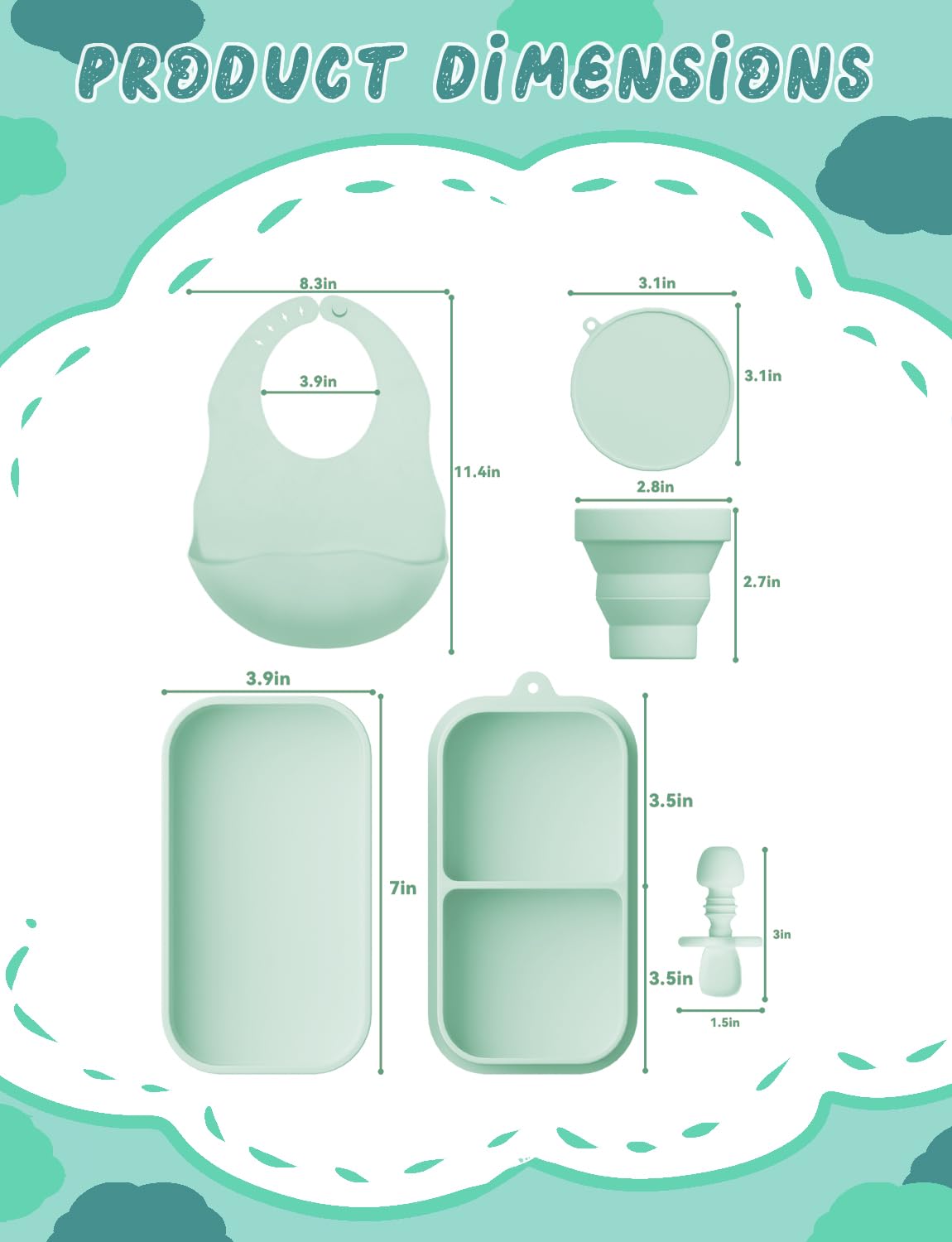 Travel Silicone Baby Feeding Set Portable Toddler Feeding Supplies Toddler Plates and Bowls Set Baby plates with Suction With spoon and cup, bib and waterproof storage bag