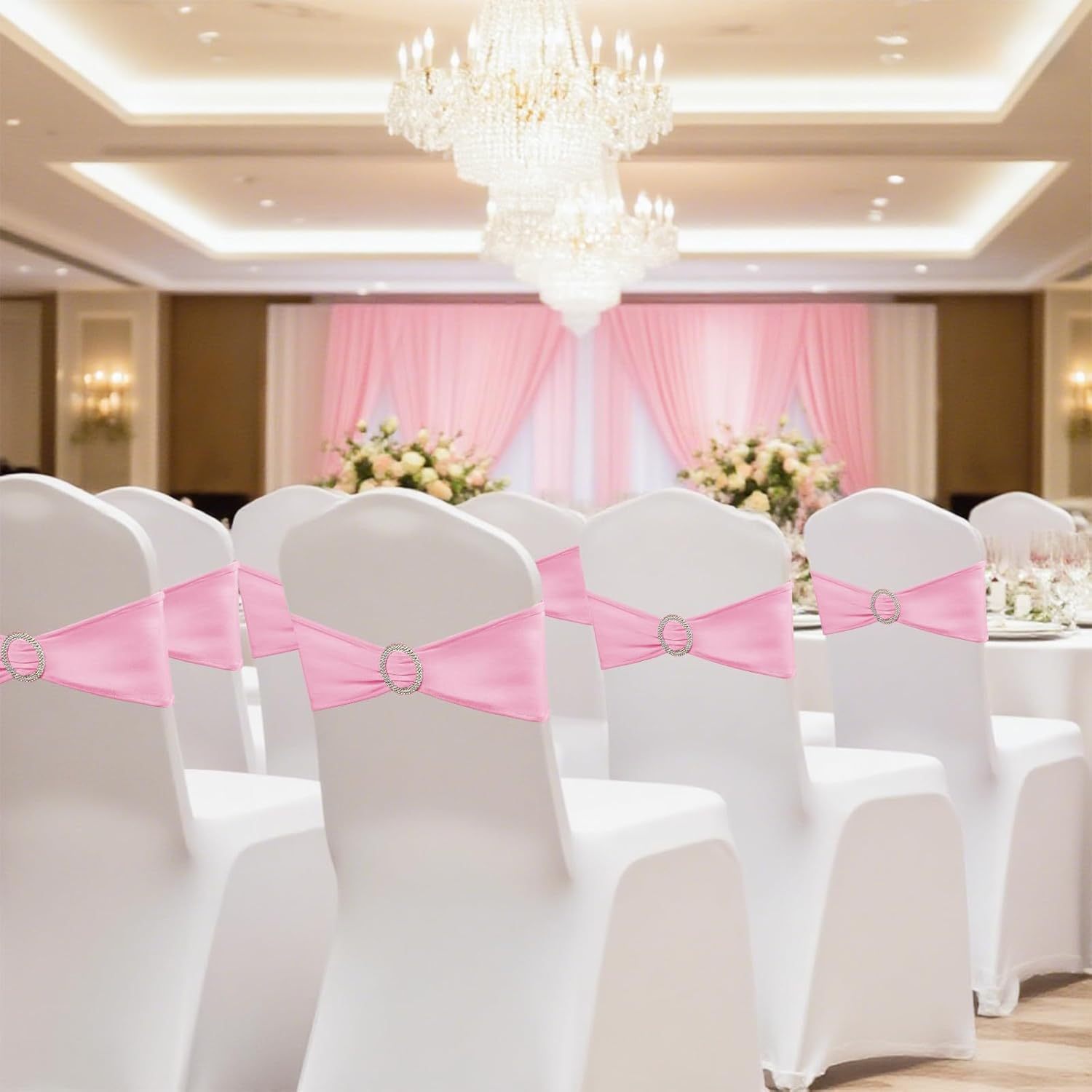 Skiennix 150-Pack Spandex Stretch Chair Sashes - Elastic Covers with Buckle Slider for Weddings & Events | Pink