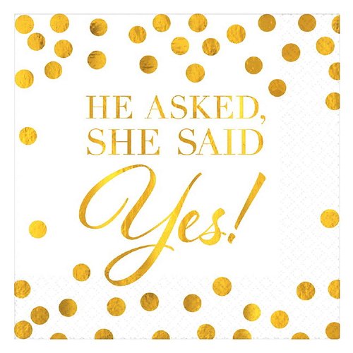 Elegant Gold & White "He Asked, She Said Yes!" Hot Stamped Beverage Napkins - 5" x 5" (Pack Of 192), Sturdy Paper Materials - Perfect For Weddings & Engagements Celebrations