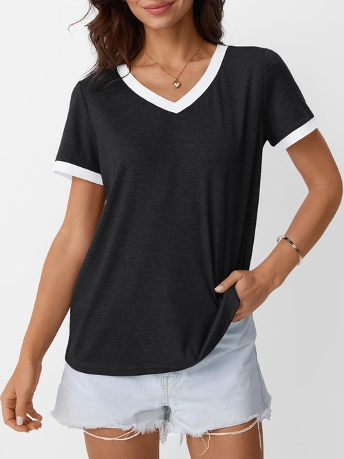 AUTOMET Women's V-Neck Short Sleeve T-Shirt - Casual Soft Tunic for Spring Fashion | Comfortable Workout Top