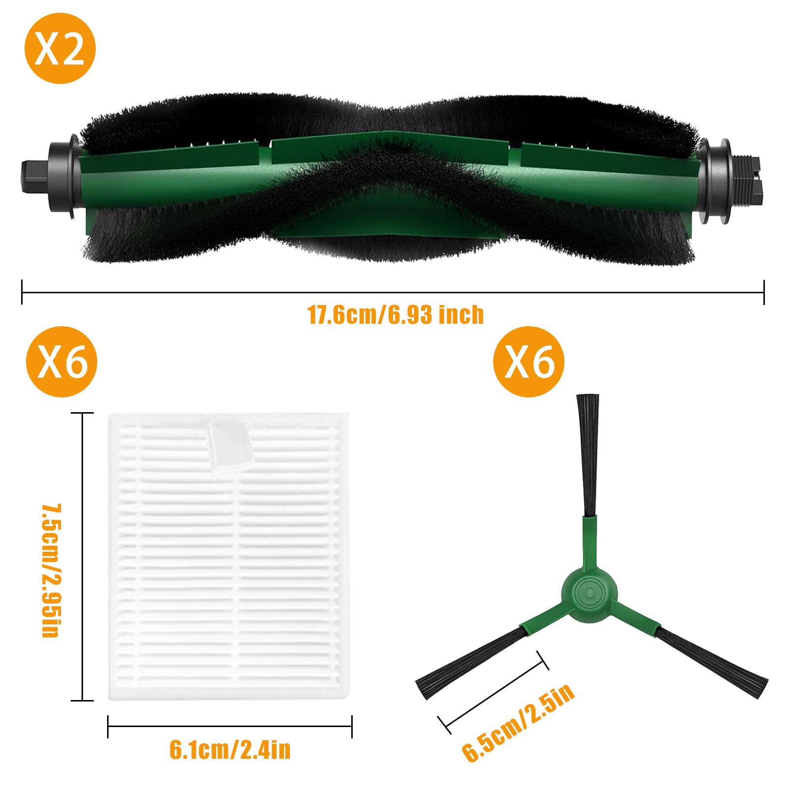 15 Pack Replacement Parts Kit for iRobot Roomba Essential Series Q011, Y0140, Q0120, Y0110, Q0520, 104, 105 Vac/Combo Robot Vacuum, 2 Roller Brushes, 6 Side Brushes, 6 HEPA Filters, 1 Cleaning Tool