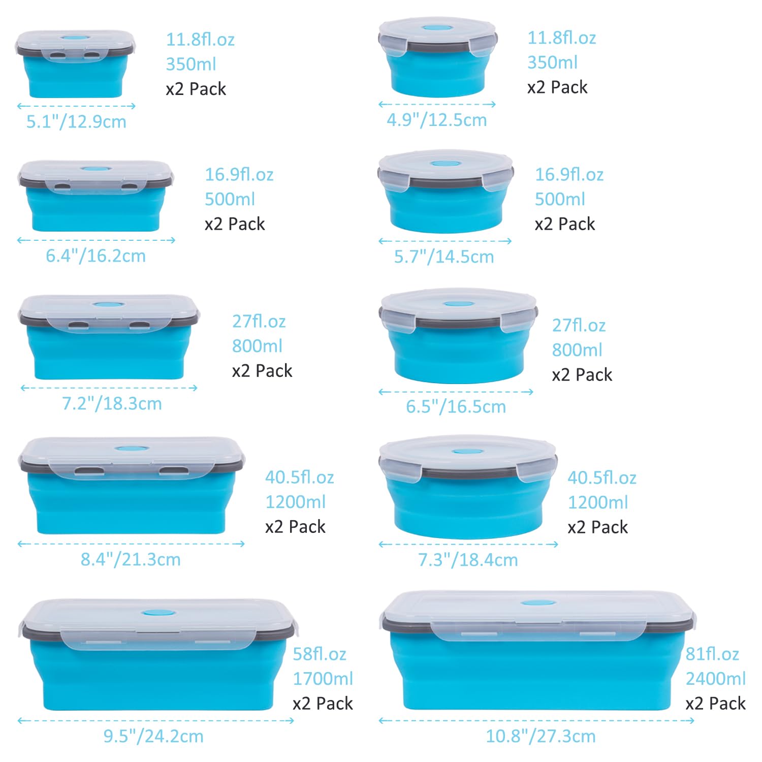 Collapsible Food Storage Containers with Lids 20 Pack(81oz/58oz Extra Large Included), 12 Rectangular+8 Round, Annaklin Silicone Collapsible Food Containers Sets Microwave Freezer Dishwasher Safe Blue