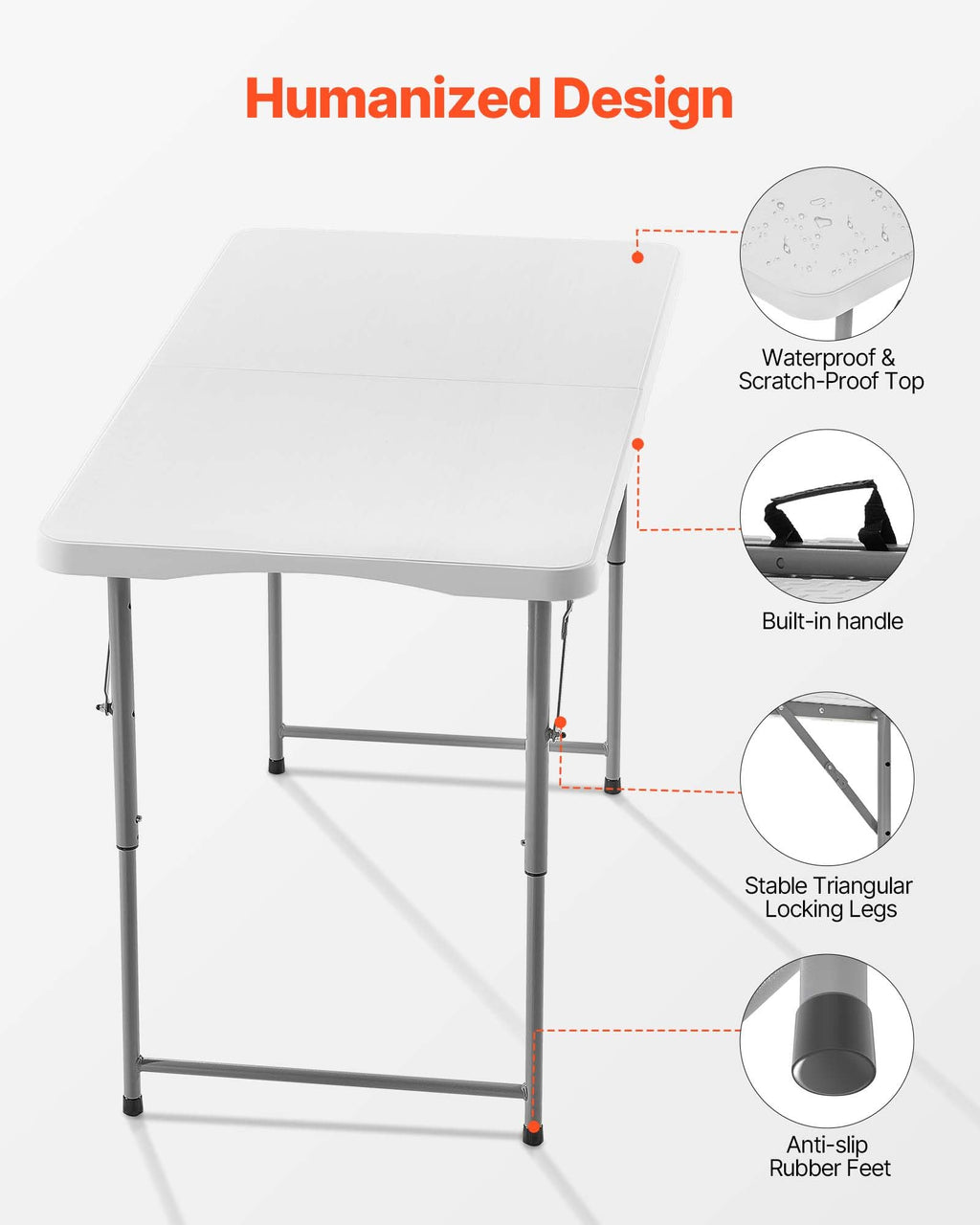 VEVOR Folding Table, Heavy Duty Portable Fold-in-Half Utility Table, Indoor Outdoor Plastic Rectangle Table with Built in Handle, for Party, Dining, Wedding, Events, Picnic, Camping, 4 ft, White