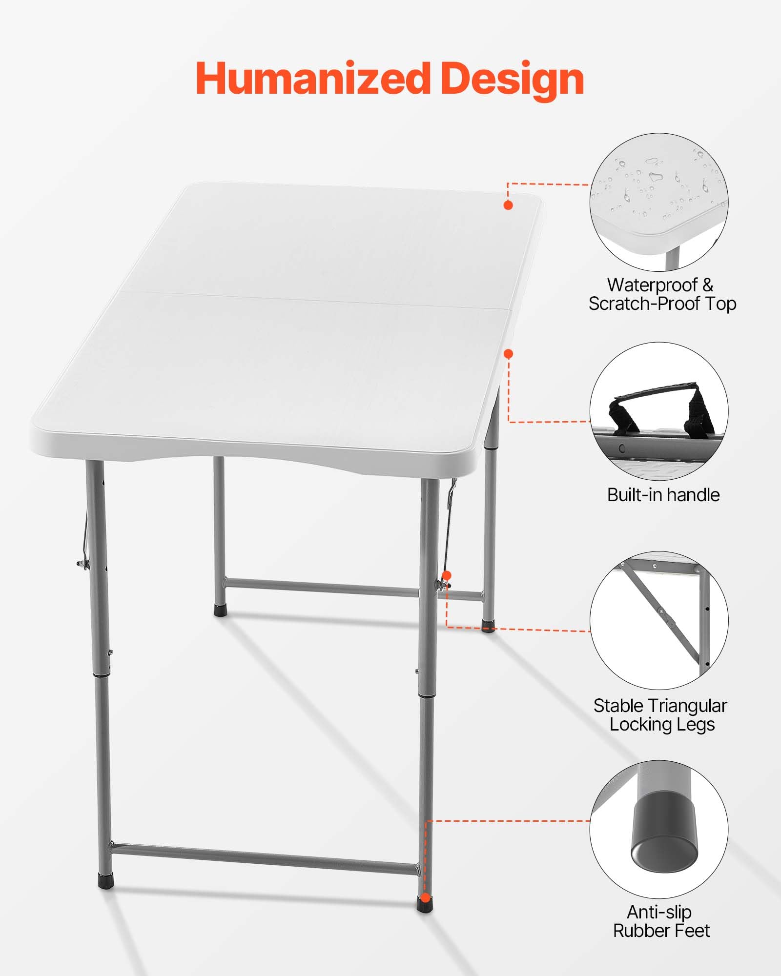 VEVOR Folding Table, Heavy Duty Portable Fold-in-Half Utility Table, Indoor Outdoor Plastic Rectangle Table with Built in Handle, for Party, Dining, Wedding, Events, Picnic, Camping, 4 ft, White