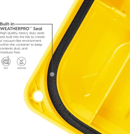 IRIS USA WeatherPro 21 Gallon Lockable Storage Bins - Heavy Duty, Stackable Organizing Tubs | Black/Yellow, 4 Pack