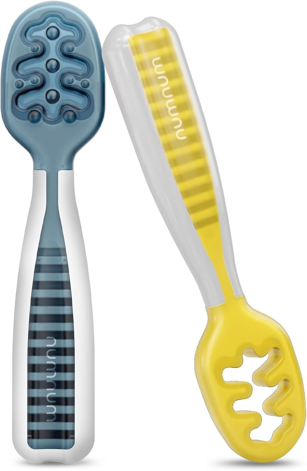 NumNum Baby Spoons Set - Silicone Self-Feeding Utensils for 6+ Months | BPA-Free, 2 Pack Blue/Yellow