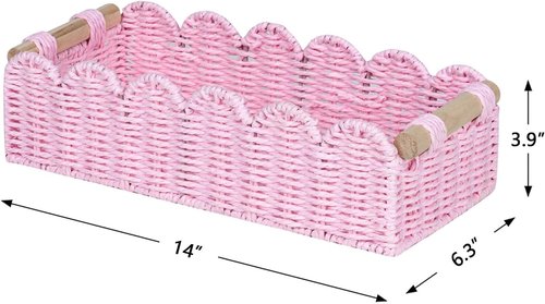 CubesLand Gift Basket - Scalloped Edge Pink Woven Storage Basket with 2 Wooden Handles | Small Decor Solution