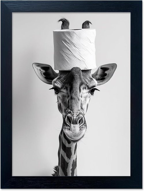 Funny Animal Wall Art - Giraffe with Toilet Paper Roll | Black and White Bathroom Decor, Framed Canvas