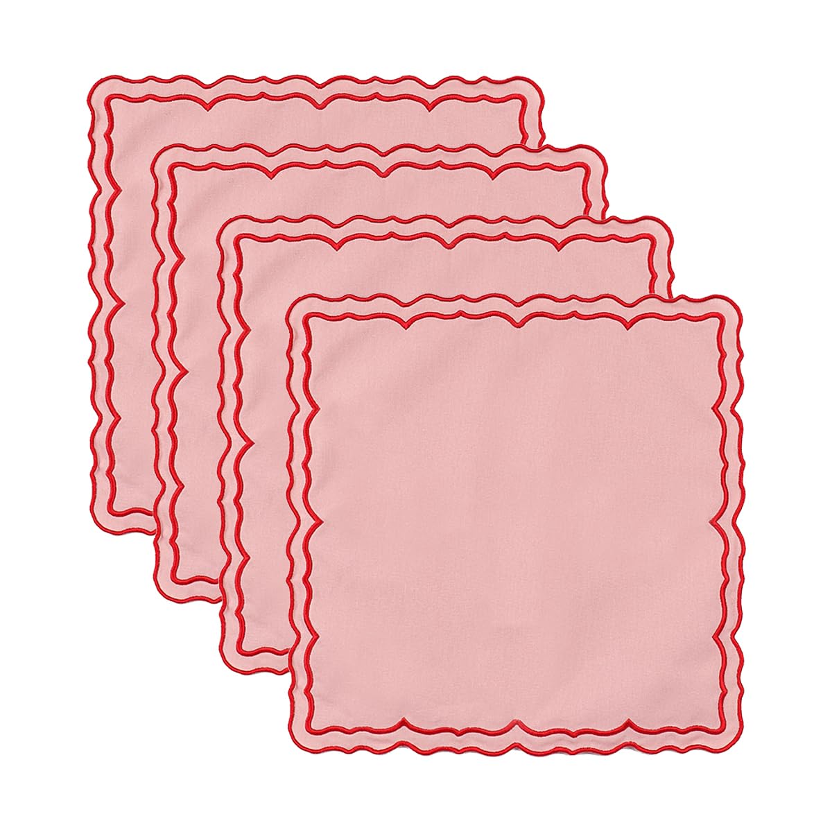 MIKI WELL Scalloped Embroidery Cloth Napkins Set of 4 14"X14" Cotton Napkins for Potluck Party Wedding Table Decor (Square Pink with Red)