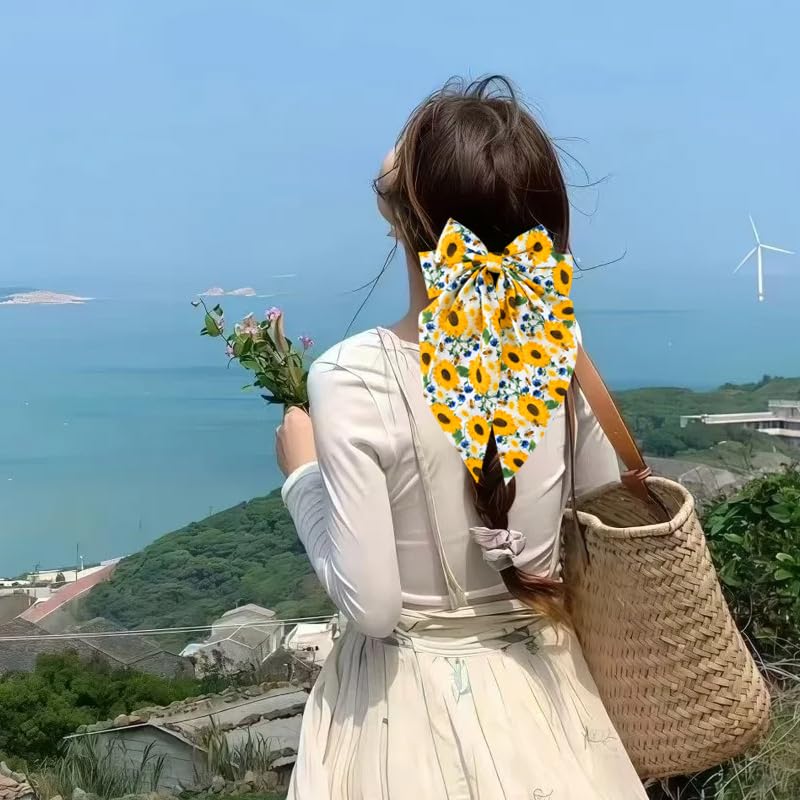 Sudaporn Sunflower Print Large Hair Bow Clip Long Tail Floral Barrettes