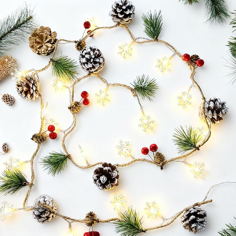 Christmas Garland with Snowflake Lights - 9.8 ft USB or Battery Powered with Pinecones & Red Berries