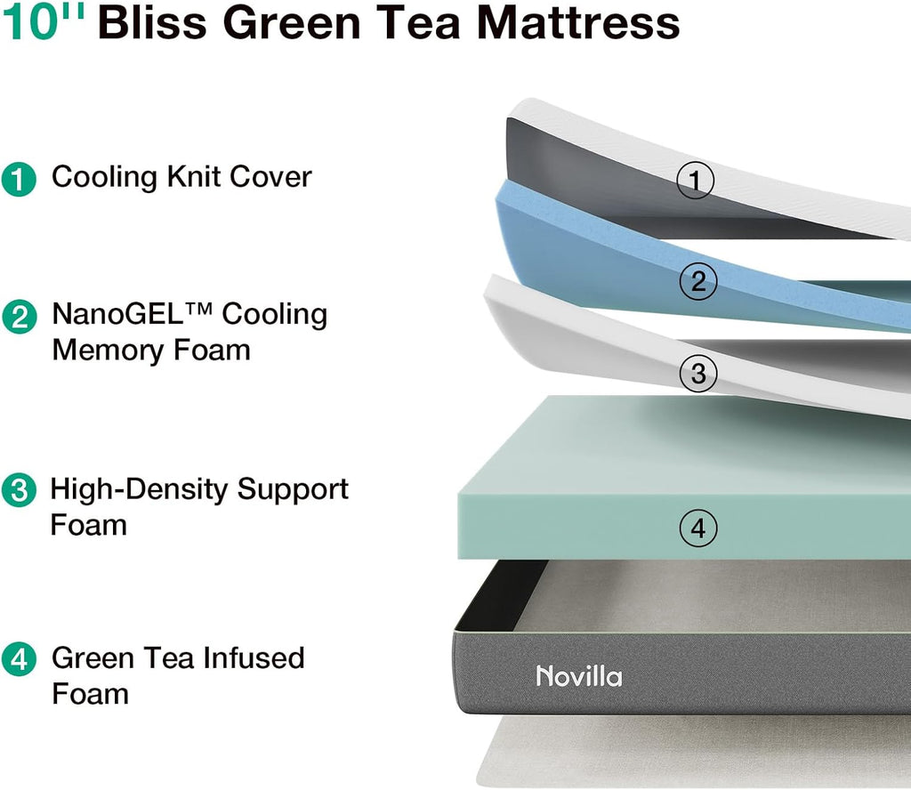 Novilla Bliss Memory Foam Mattress - 10 Inch Full Size with Green Tea Infusion & Cool-Touch Cover for Pain Relief