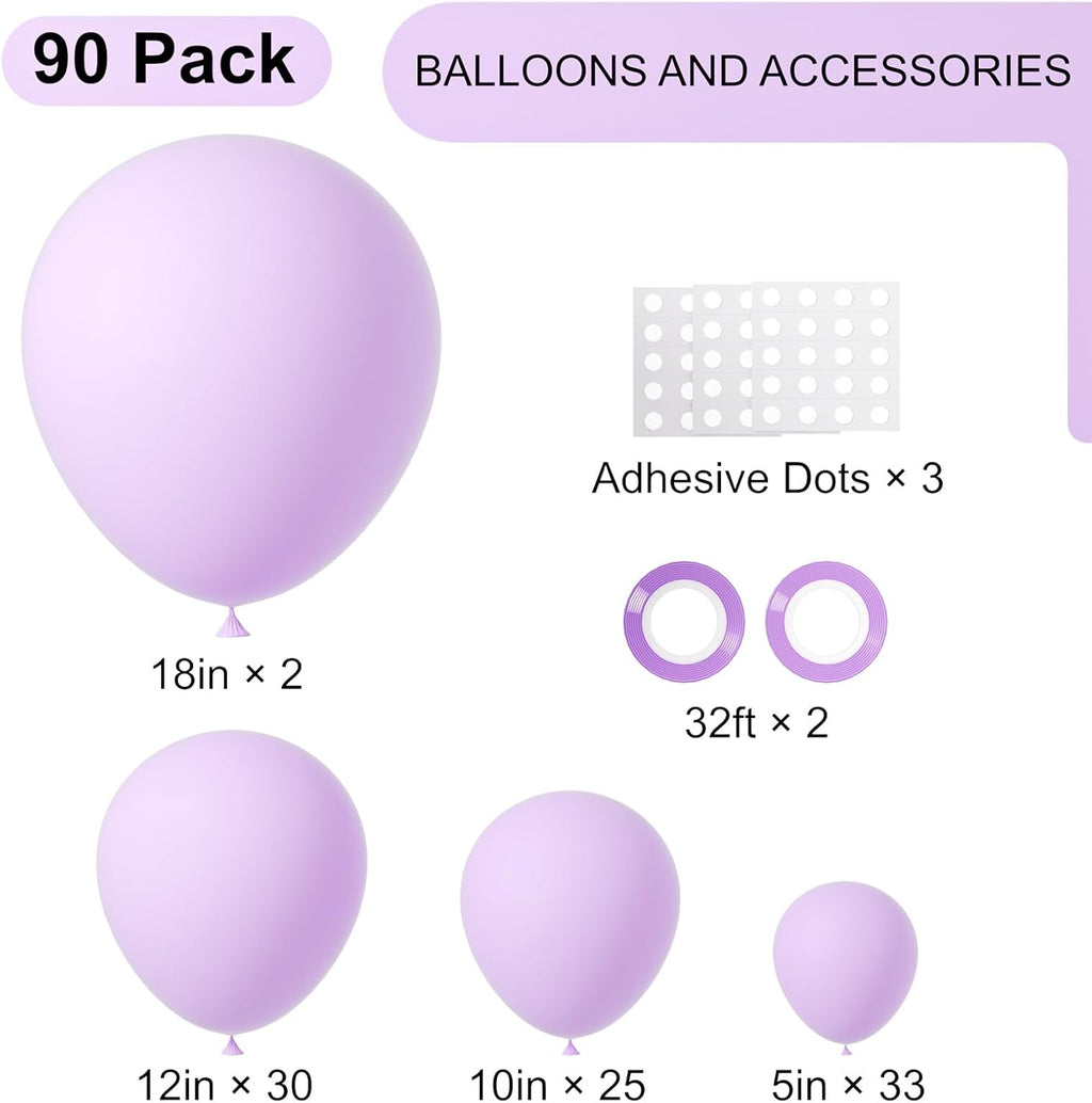 Voircoloria Pastel Purple Balloon Garland Kit - 90 Pack in 18/12/10/5 Inch Sizes for Weddings, Graduations & Parties
