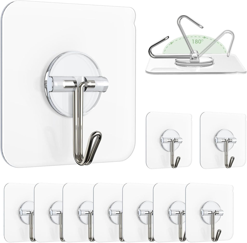 Skiennix Wall Hooks - Clear Removable Stainless Steel Adhesive Hooks | 13 lb Capacity, 10 Pack