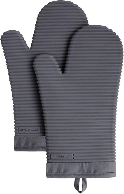 KitchenAid Ribbed Soft Silicone Oven Mitts - 2-Pack Set, 7.5"x13", Charcoal Grey for Ultimate Heat Protection