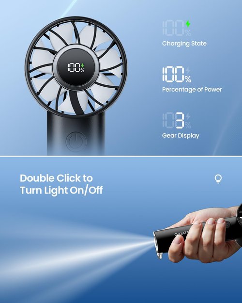 Gaiatop Portable Mini Fan - 3 Speed Handheld Cooling Fan with Power Display & Flashlight | USB Rechargeable, Lightweight, Black