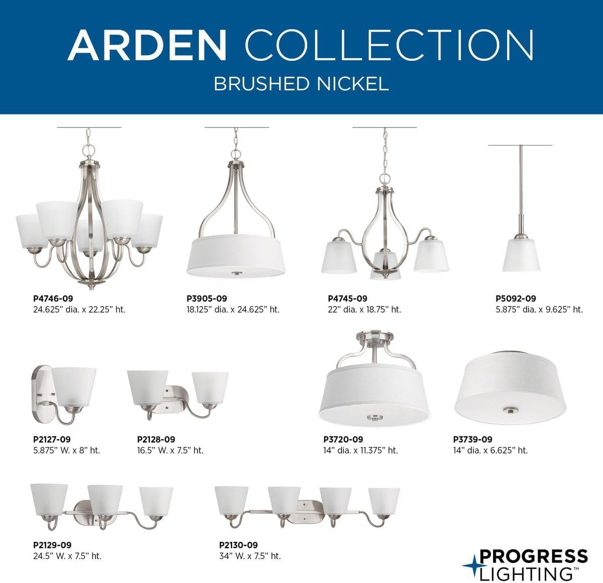 Progress Lighting 2-Light 14" Semi-Flush Convertible, Arden Collection, Indoor, P3720-09, Brushed Nickel