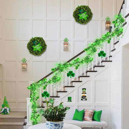 MJZ 2 Pack 9.85 FT St Patrick's Day Garland with Green LED Lights, Battery Operated Irish Shamrock Garland Fairy Lights with 8 Modes, St Patricks Day Decorations for Mantle Porch Door Stairs Table
