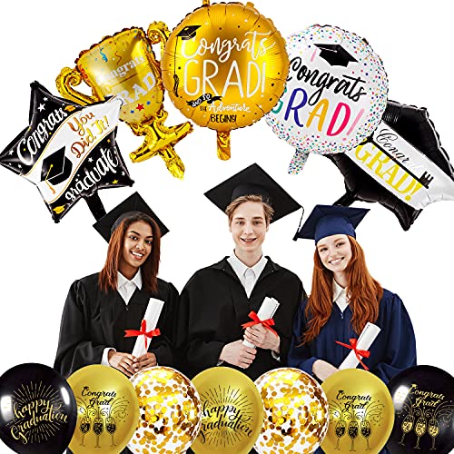 38PCS Graduation Balloons Set - Black & Gold Confetti Decor