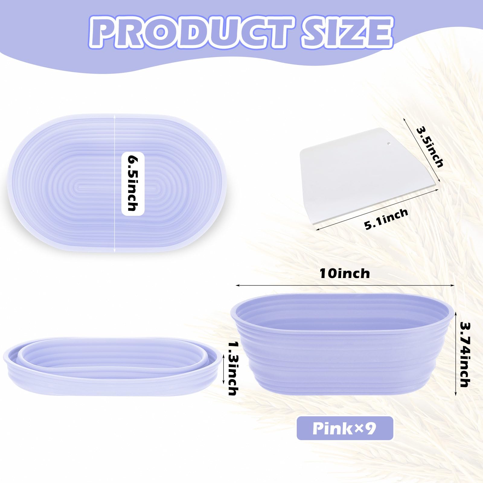 Nuogo 9 Pack Oval Bread Proofing Basket Silicone 10 Inch Collapsible Sourdough Bread Baking Supplies Dough Proofing Bowl with Dough Scraper and Basket Covers (Purple)