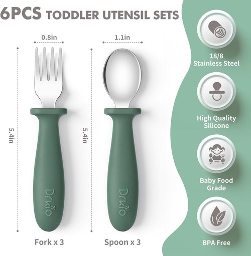 DRKIO Toddler Utensils Set - 6-Piece Kids Silverware with Silicone Handles | Safe 18/8 Stainless Steel