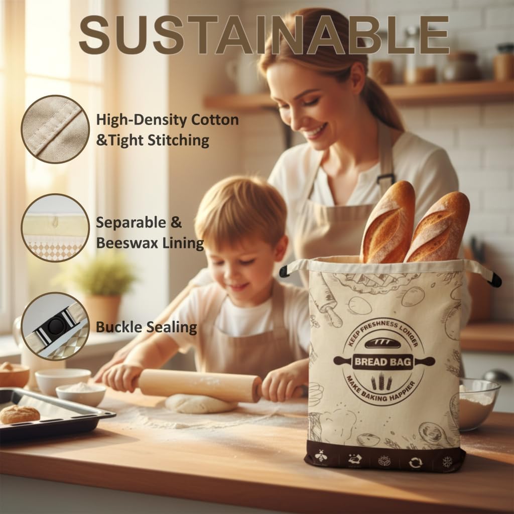 Beeswax Bread Bags by [Brand Name] - 2 Pack Reusable Cotton Storage Bags | 16x12 Inch for Fresh Sourdough & Homemade Bread