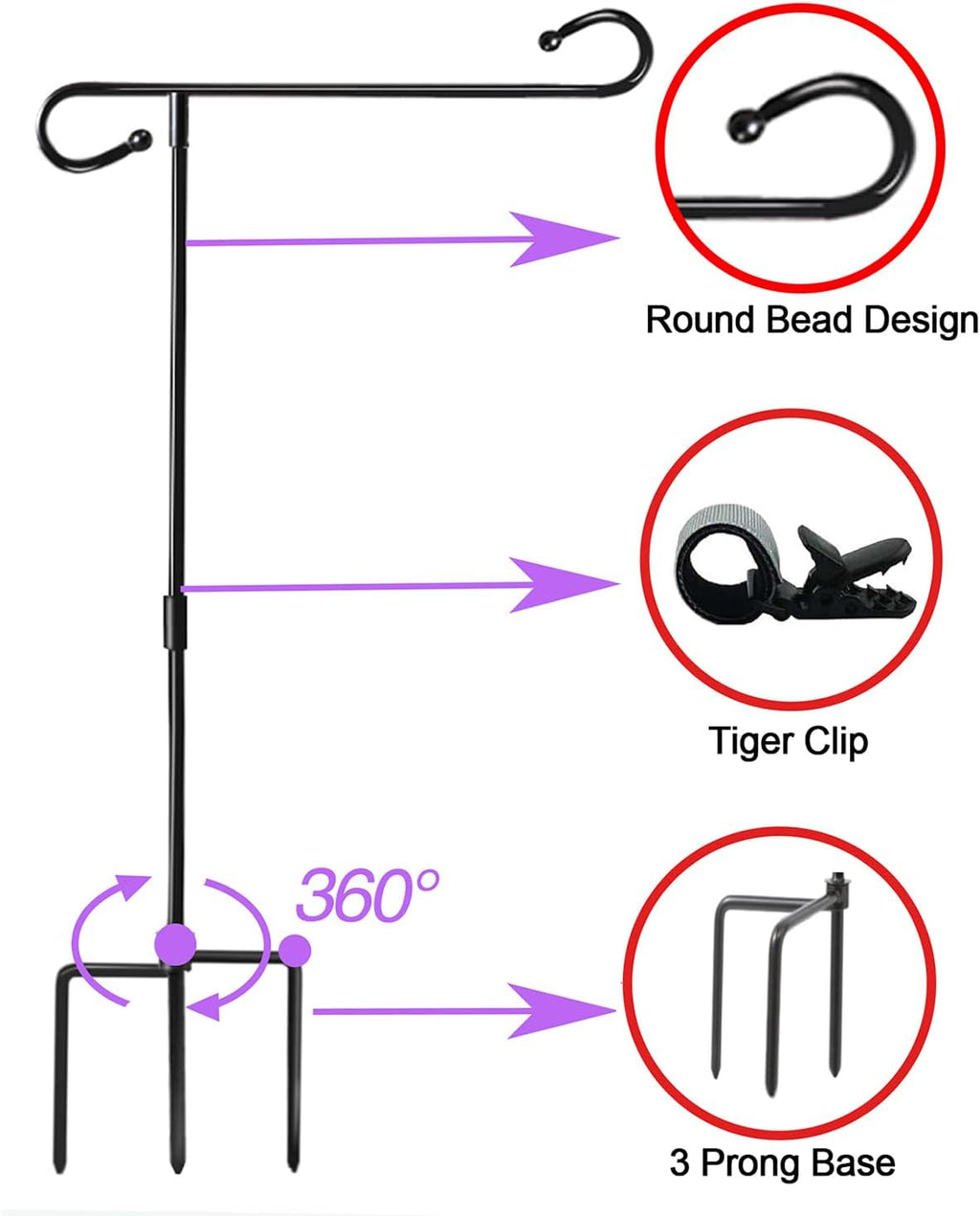 Skiennix Garden Flag Holder Stand - Weather-Proof Metal Flagpole with Clip | 3-Prong Base for Outdoor Decor