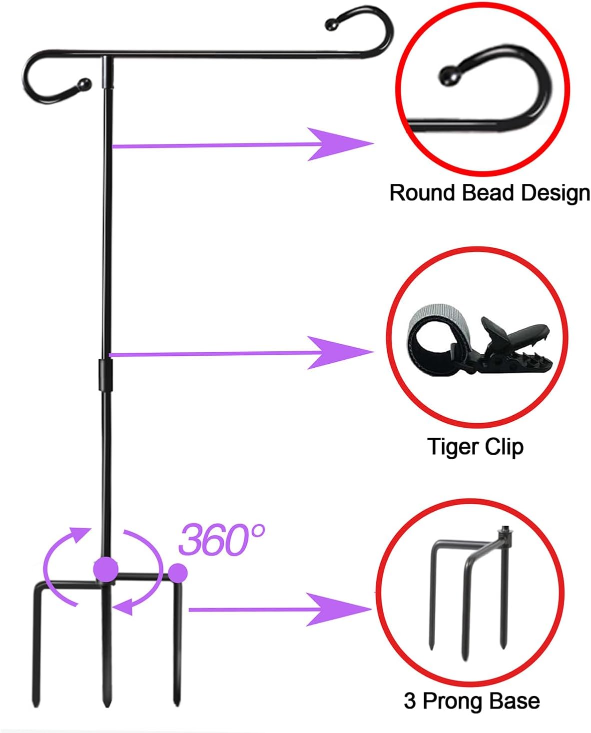 Skiennix Garden Flag Holder Stand - Weather-Proof Metal Flagpole with Clip | 3-Prong Base for Outdoor Decor
