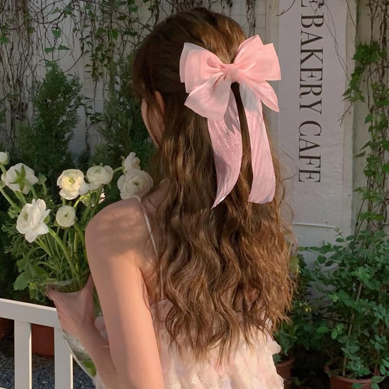 Light Pink Tulle Hair Bow Clip with Tassels Coquette French Barrette