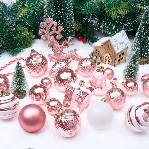 Pink Christmas Tree Ornaments Set - Shatterproof Holiday Decorations, 66 pcs