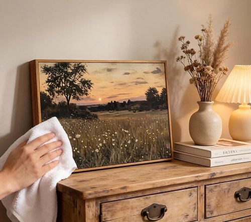 Framed Vintage Farmhouse Canvas Wall Art - Rustic Wildflower Field Landscape Painting 16x24