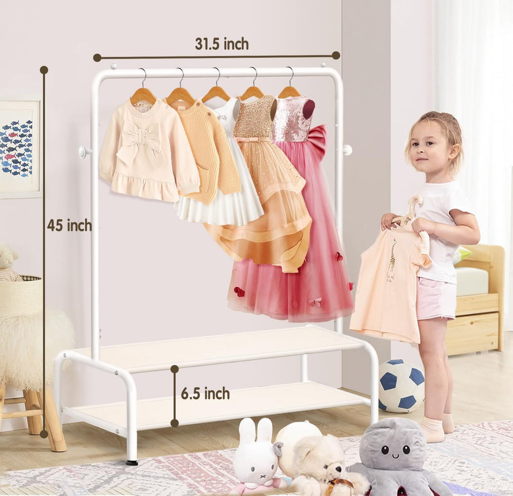 Skiennix Kids Clothing Rack - Mini Freestanding Dress Up Organizer with 2 Fabric Shelves - Toddler Closet Solution