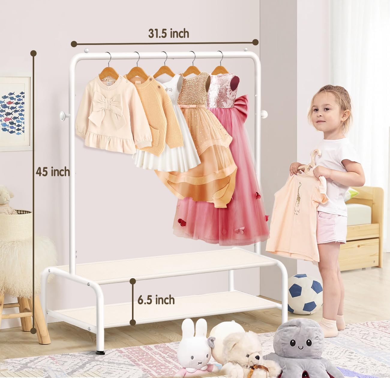 Skiennix Kids Clothing Rack - Mini Freestanding Dress Up Organizer with 2 Fabric Shelves - Toddler Closet Solution