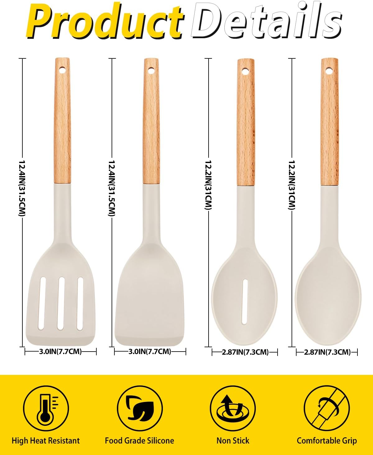 Skiennix Silicone Cooking Utensils Set - Non-Stick Spatulas & Heat-Resistant Spoons | 4-Piece Khaki Kitchen Set
