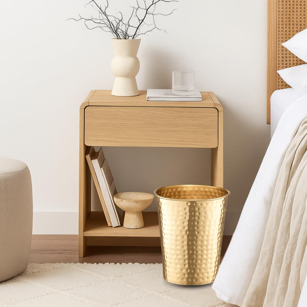 Monarch Abode Metal Bathroom Trash Can – Waste Basket for Bedroom, Office Desk, & Dorm, Hand Hammered, Durable Decorative Brushed Gold Small Trash Can Bathroom Garbage Bin Wastebasket