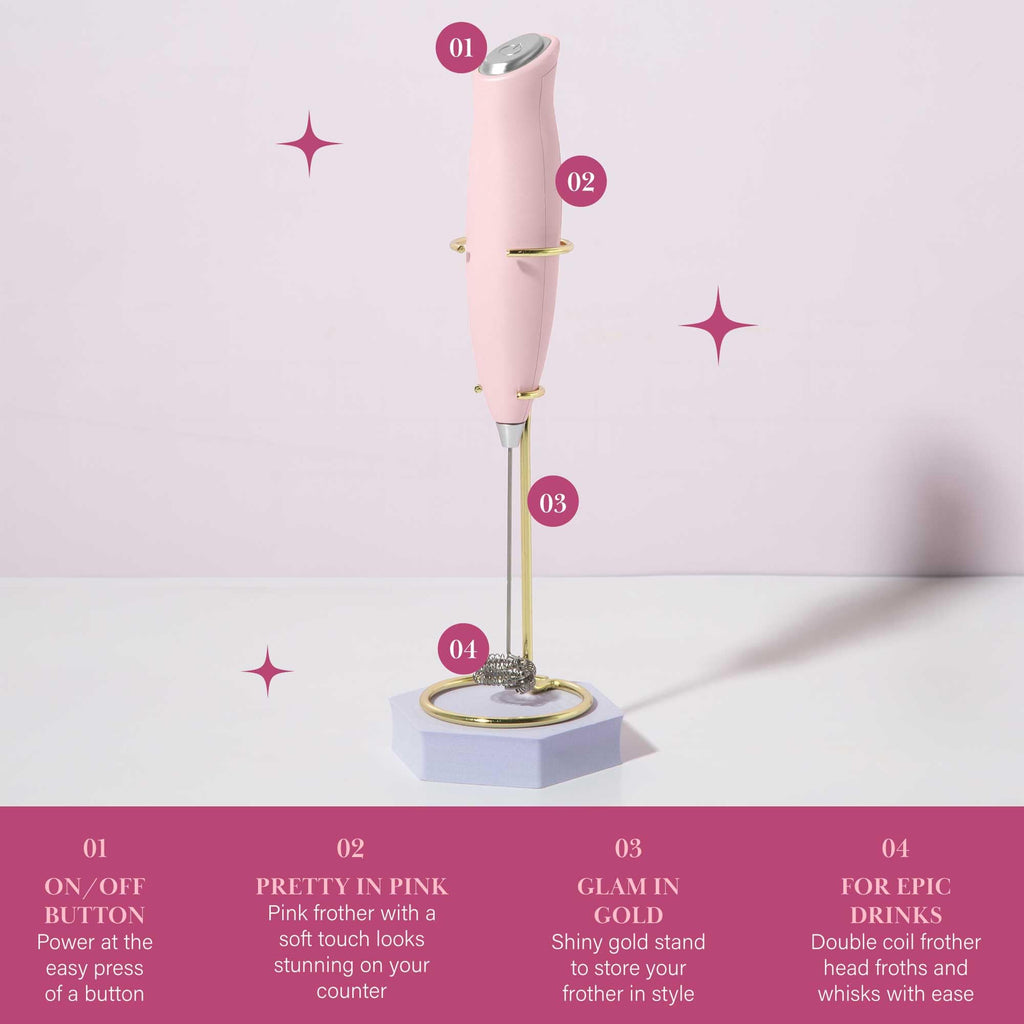 Paris Hilton Electric Handheld Milk Frother with Double Coil Head Whisk and Gold Metal Stand, Battery Powered (2 AA Batteries Required but Not Included), Pink