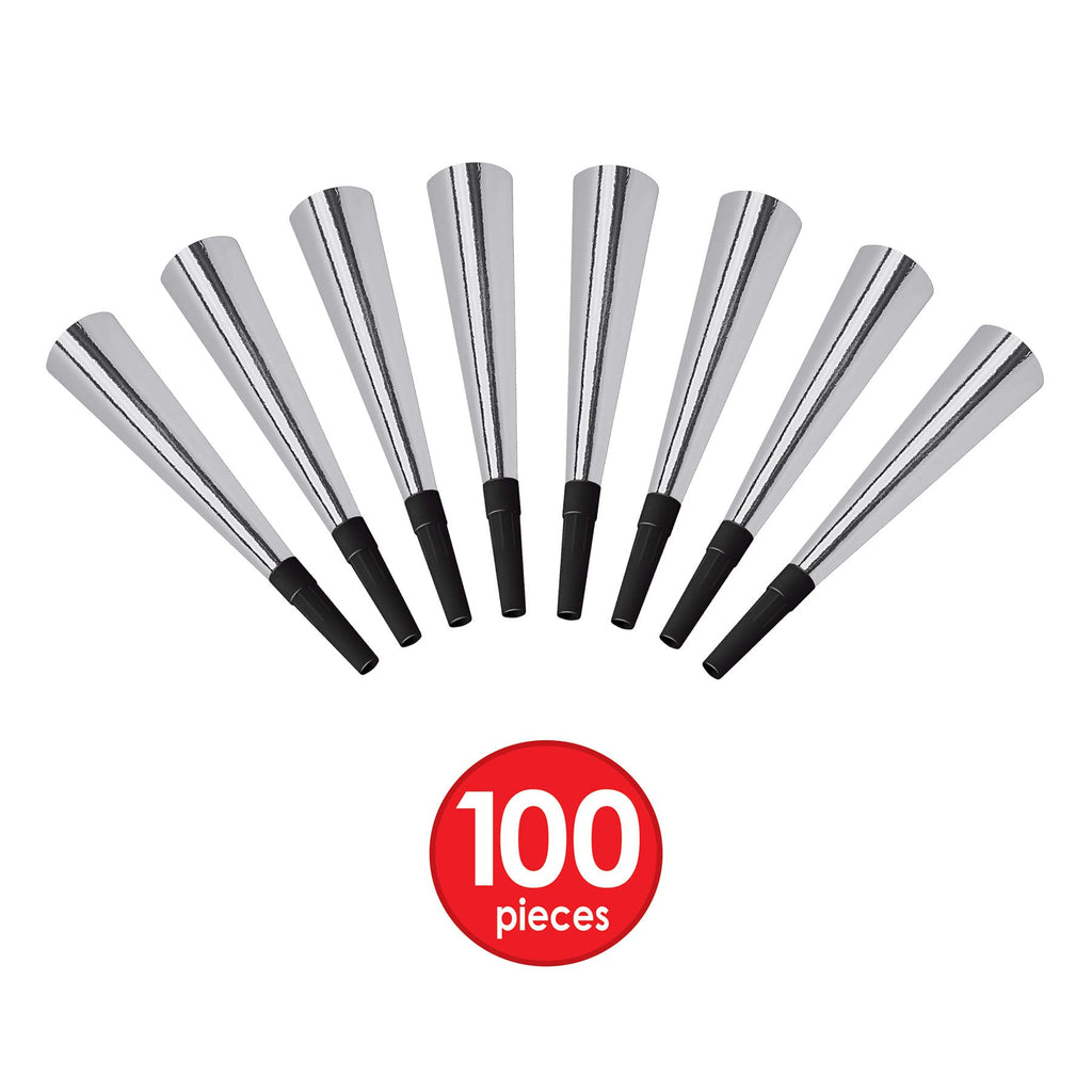 Beistle Sparkling Silver Horns – 100 Pack, Bulk Metallic Party Noisemakers for New Year’s Eve, Graduation, Weddings, Anniversaries, Sporting Events, and Loud Birthday Celebration Moments, 9"