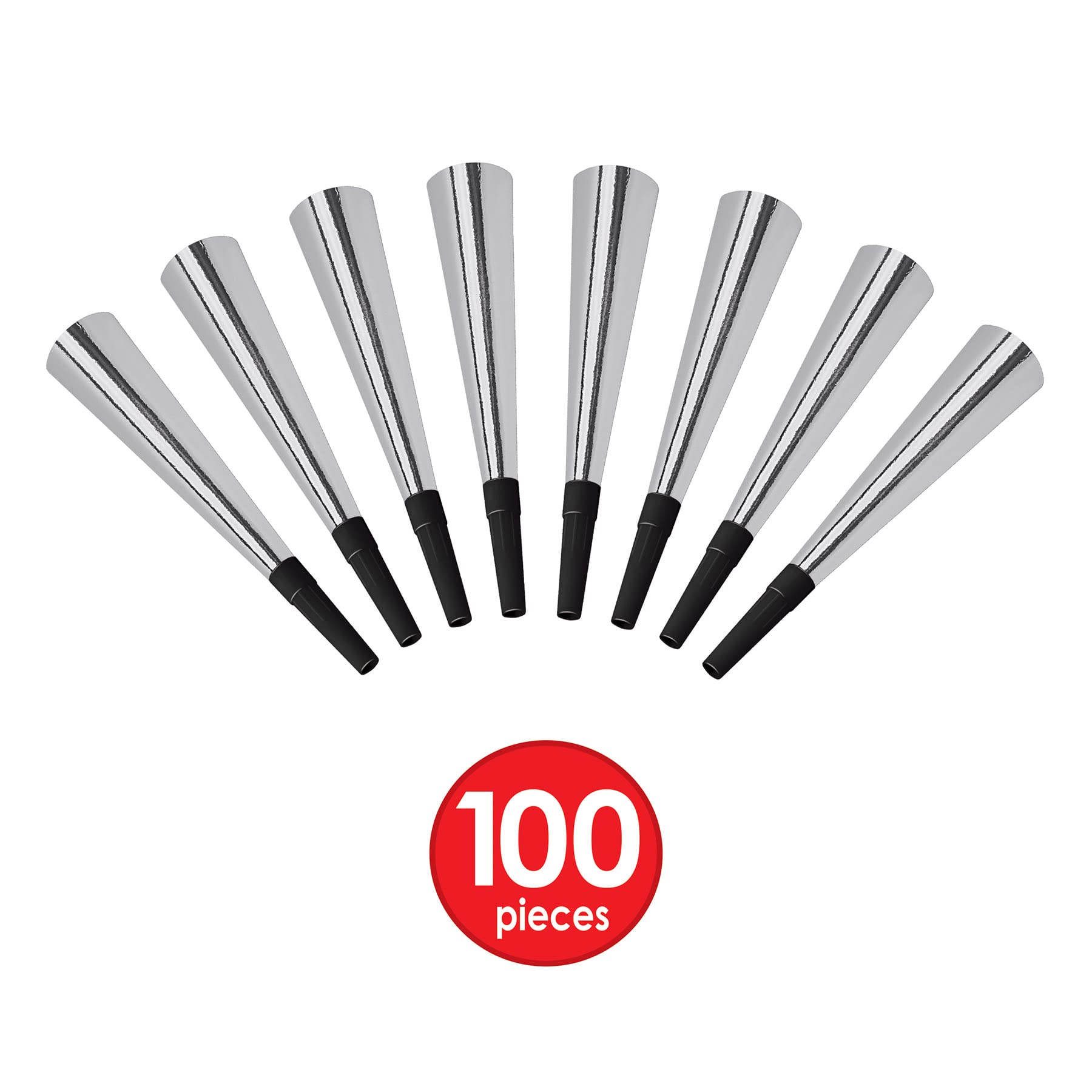 Beistle Sparkling Silver Horns – 100 Pack, Bulk Metallic Party Noisemakers for New Year’s Eve, Graduation, Weddings, Anniversaries, Sporting Events, and Loud Birthday Celebration Moments, 9"