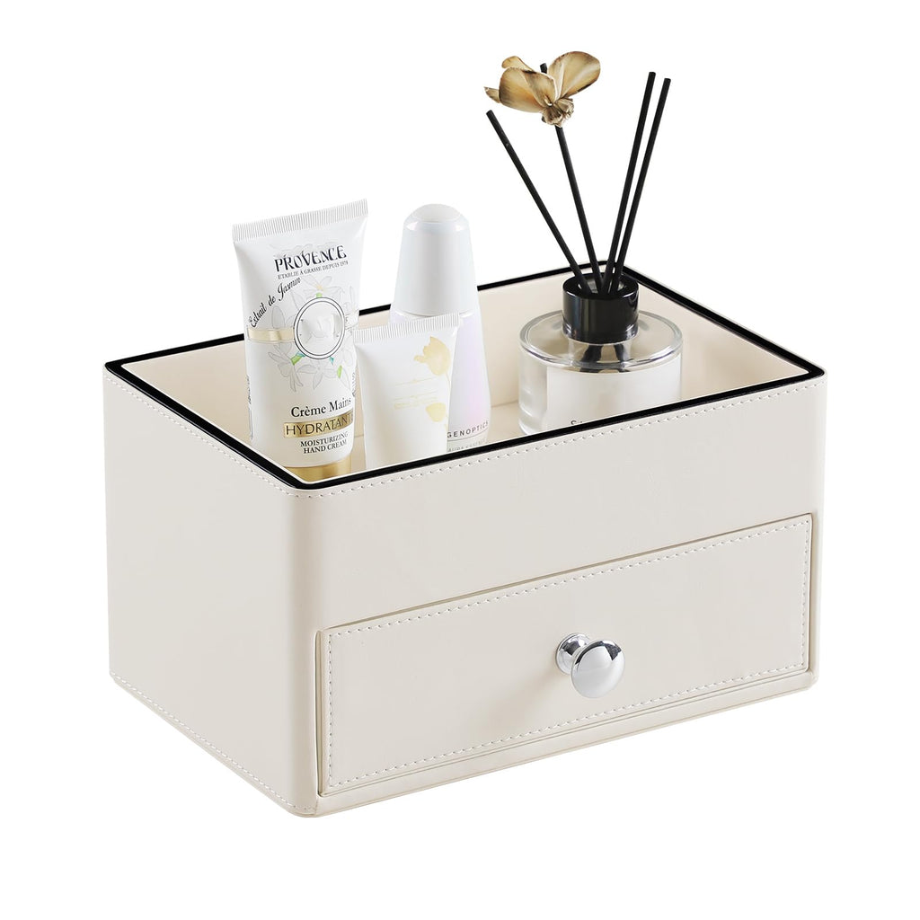 MEIBOOCH PU Leather Desk Organizer with Drawer, Multifunctional Nightstand Organizer, Waterproof Makeup Organizer for Vanity Bathroom Countertop Bedside Table (Beige)