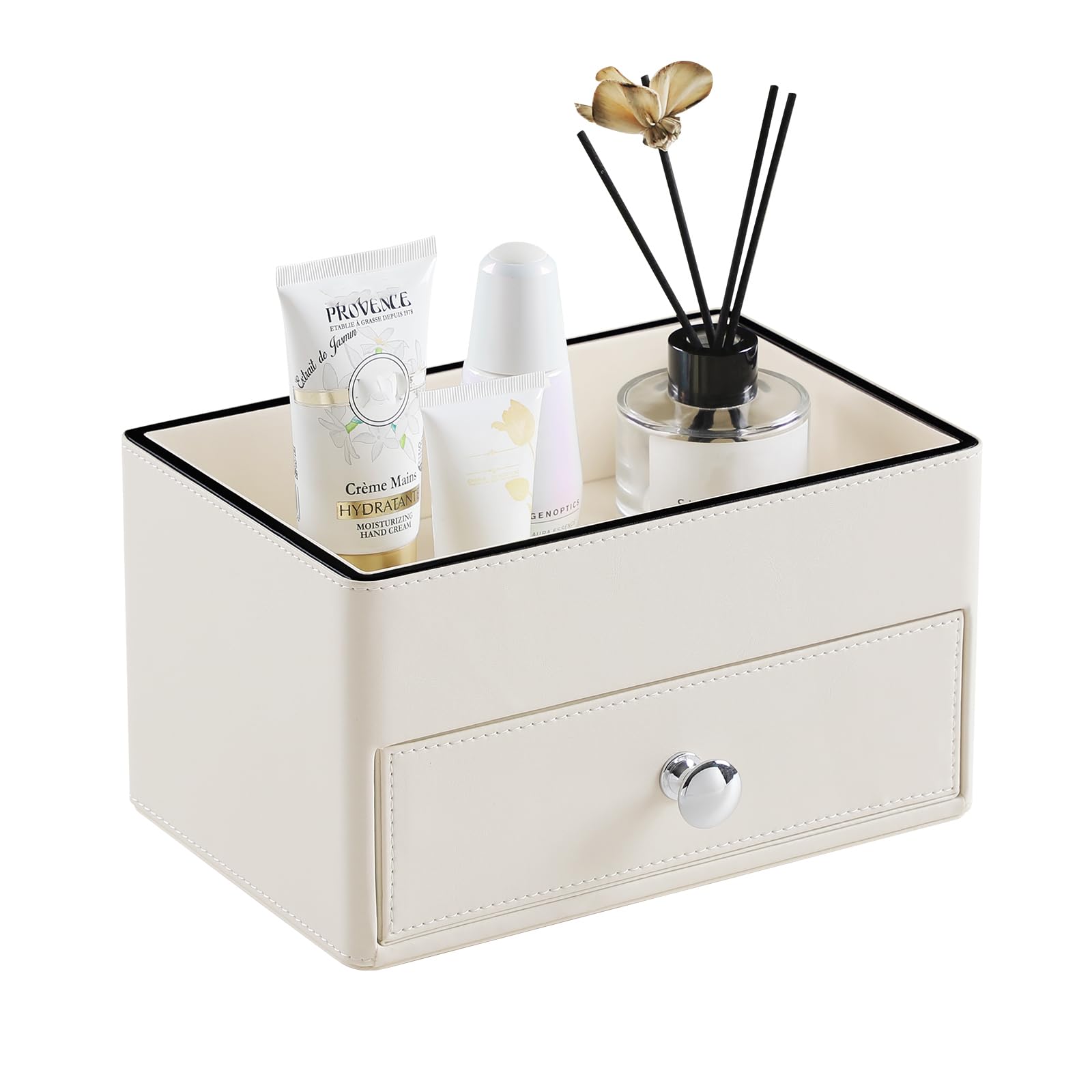 MEIBOOCH PU Leather Desk Organizer with Drawer, Multifunctional Nightstand Organizer, Waterproof Makeup Organizer for Vanity Bathroom Countertop Bedside Table (Beige)