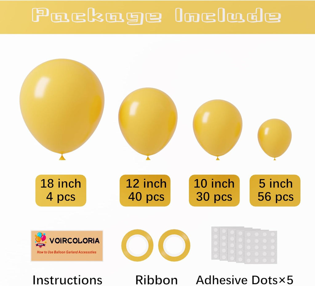 Voircoloria Mustard Yellow Balloon Garland Kit - 130pcs Latex Balloons in Various Sizes for Parties