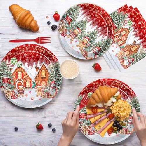 Christmas Gingerbread House Tableware Set for 24 Guests - Disposable Plates & Napkins