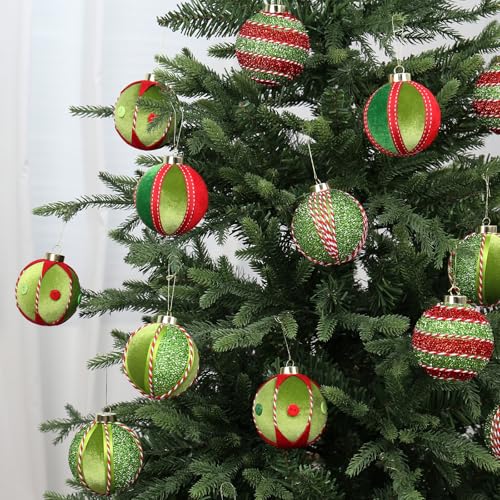 Christmas Ball Ornaments Set - Red and Green Velvet Decorations, 15PCS 80MM
