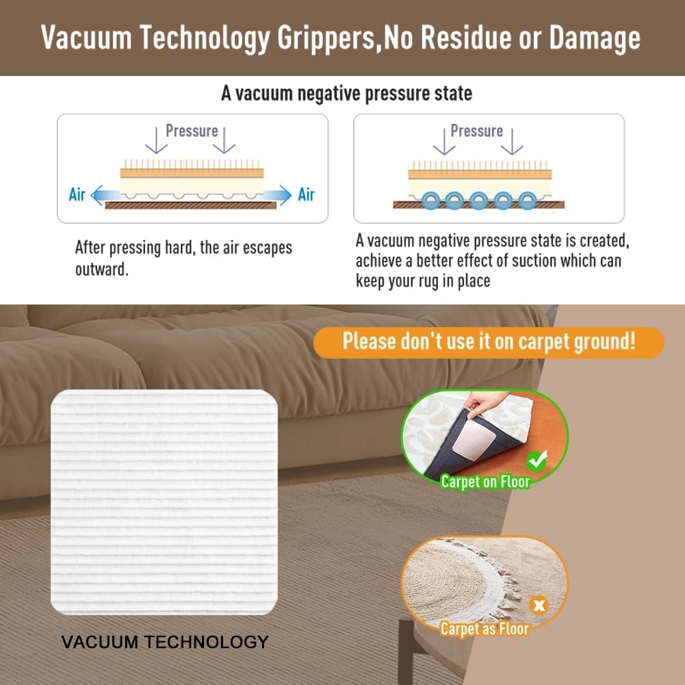 Skiennix Anti-Slip Carpet Grips - 8 Pcs Vacuum Technology Rug Pad Grippers for Hardwood Floors