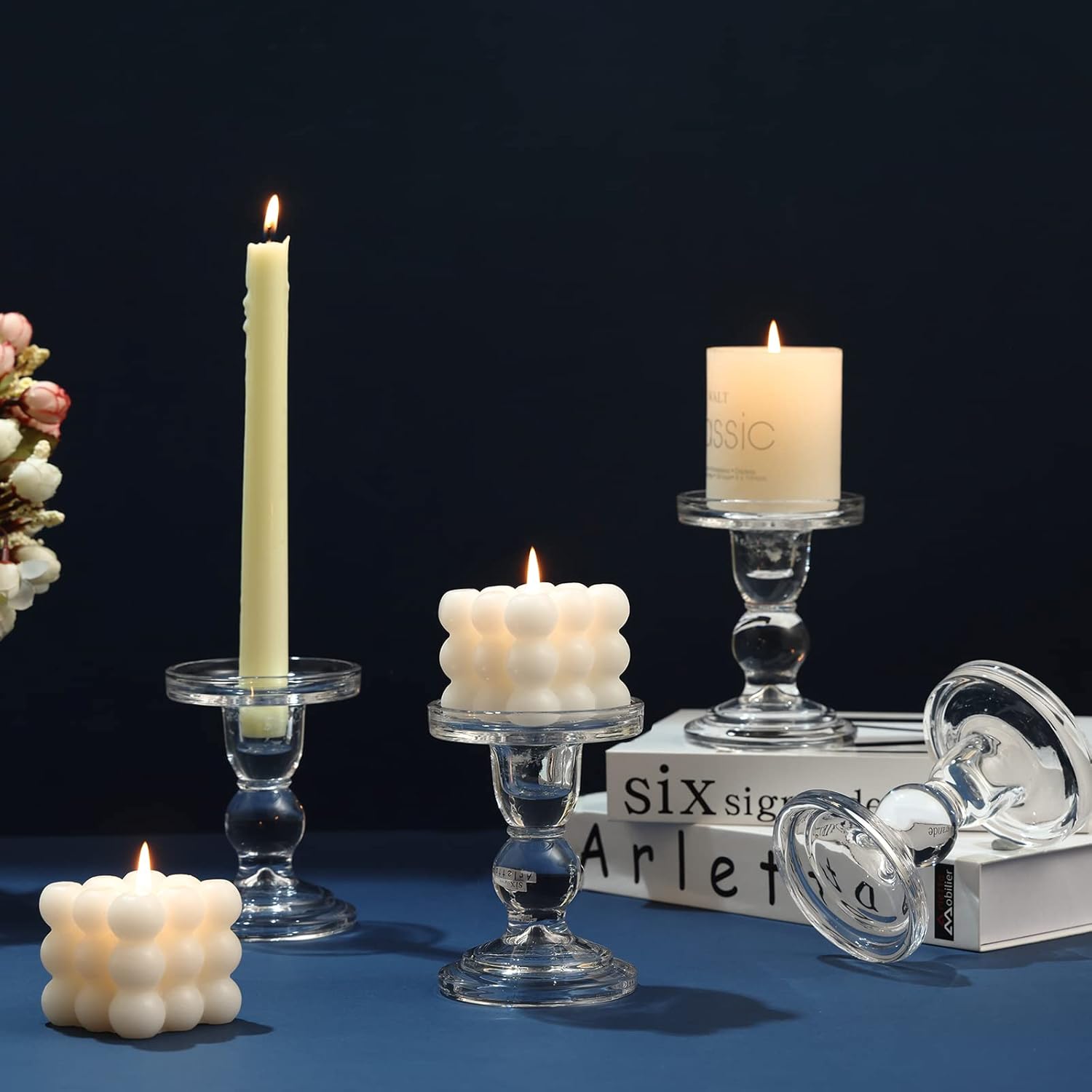 Skiennix Glass Candle Holder Set - Vintage Clear Holders for Pillar, Taper & Tealight Candles | 4-Piece Centerpiece Decor