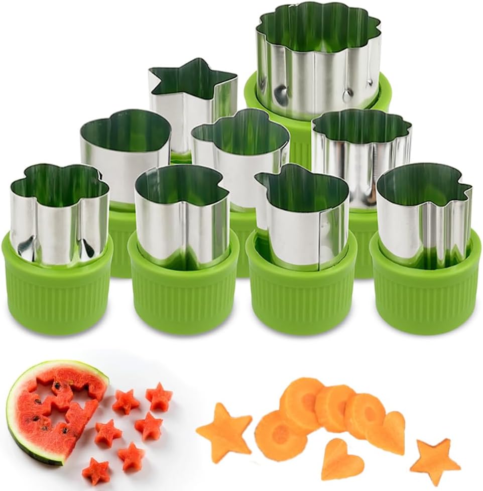 Skiennix Fruit And Vegetable Cutter Stamp Set - 9 Fun Shapes For Baking | Green Mini Pie Molds