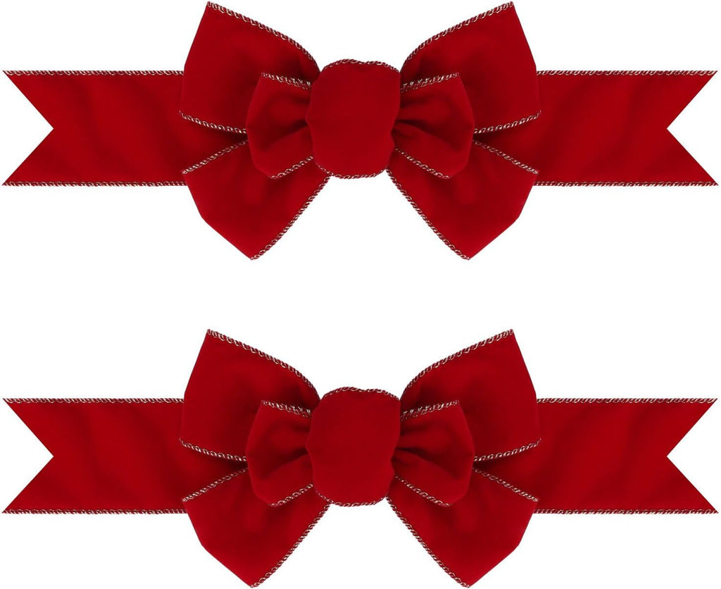 Meseey Christmas Burlap Bow Set - 2 Pcs Red Velvet with Gold Edges for Wreaths & Tree Decor