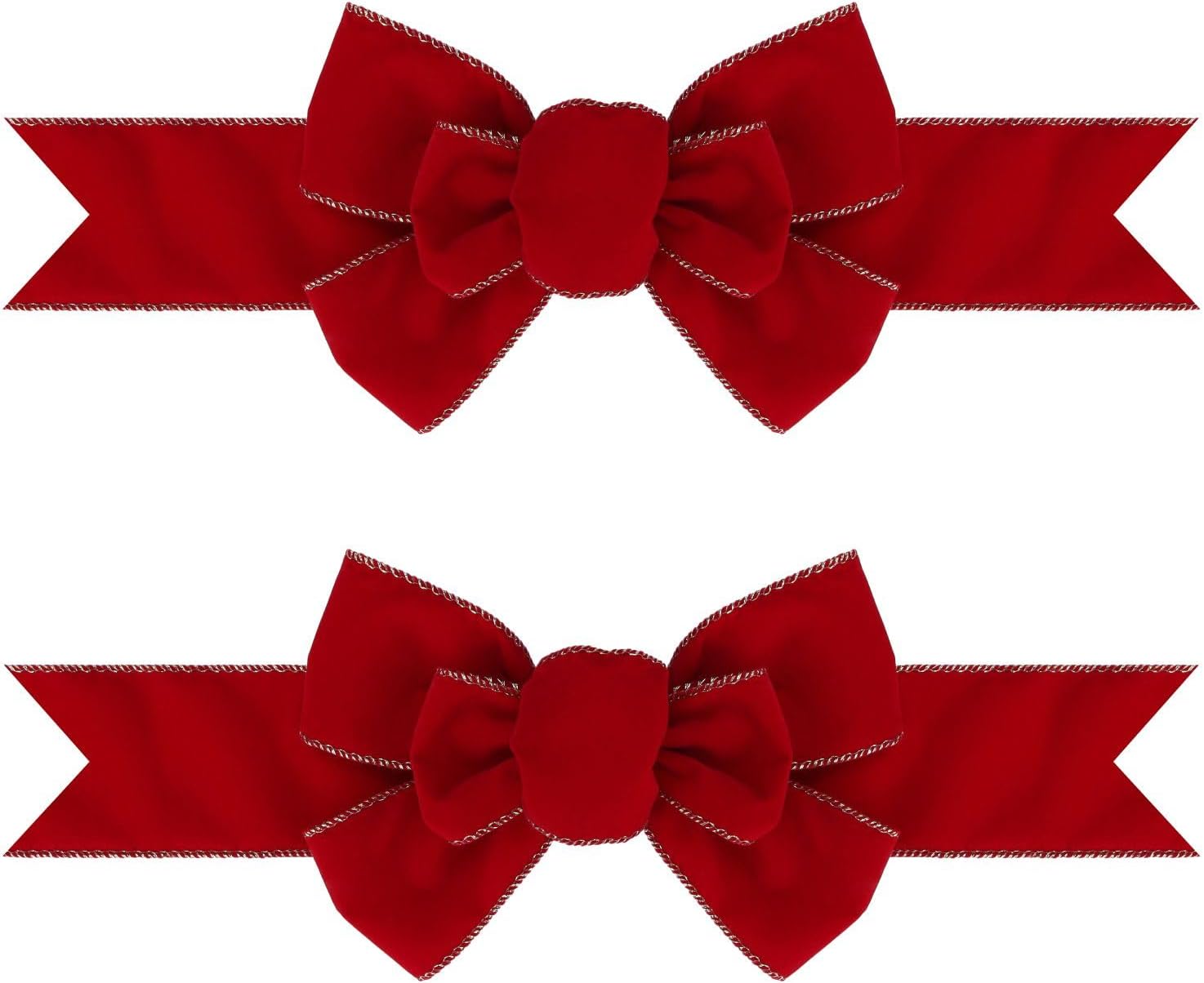 Meseey Christmas Burlap Bow Set - 2 Pcs Red Velvet with Gold Edges for Wreaths & Tree Decor