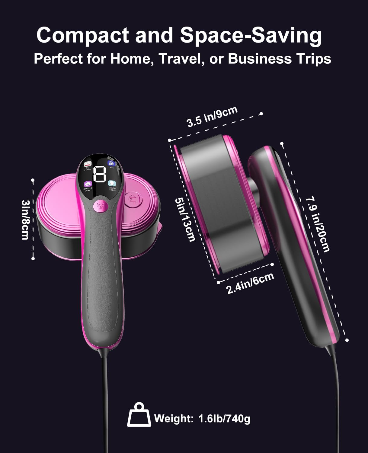 Skiennix 2-in-1 Portable Handheld Garment Steamer - Fast Heat-Up, LED Display, Large Ceramic Panel, Purple